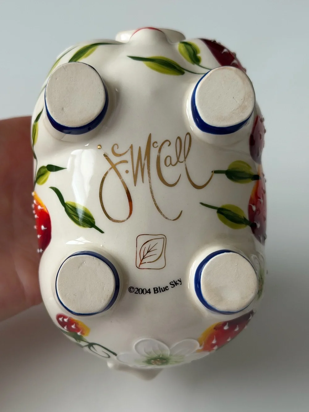 Blue Sky Heather J. McCall 2004 Hand-Painted Strawberry Pig Sugar Bowl Jam Pot